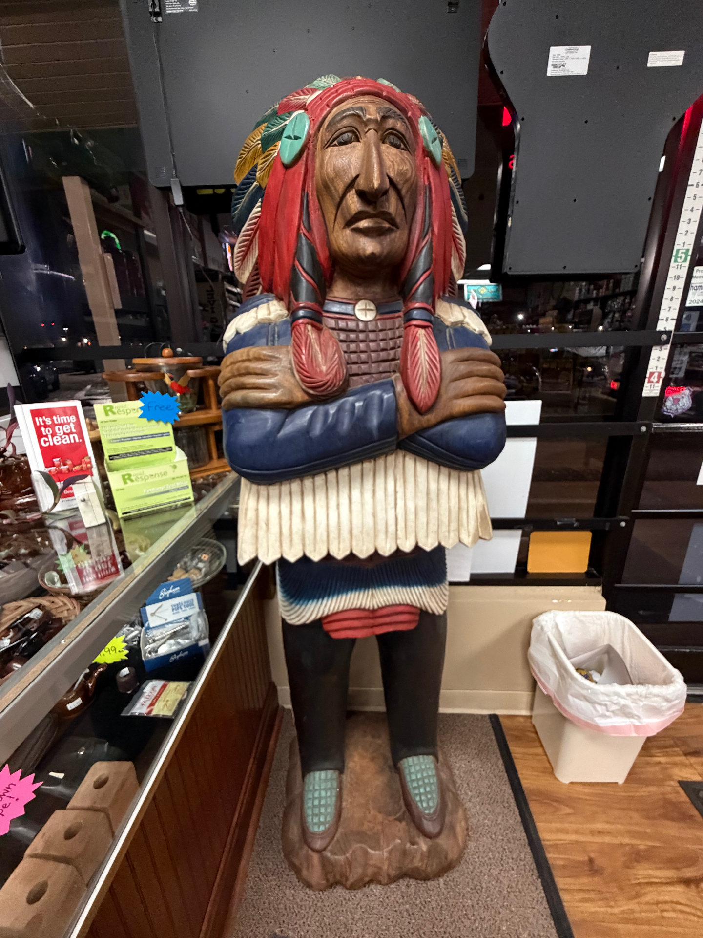 Iconic wooden Indian statue at Discount Smokes Louisville - a customer favorite landmark